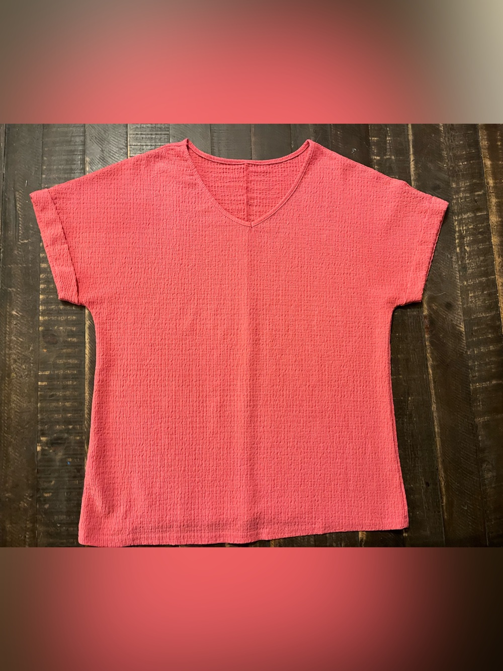 Women's Coral Short-Sleeve Textured V-Neck Top Cuffed Sleeves Lightweight